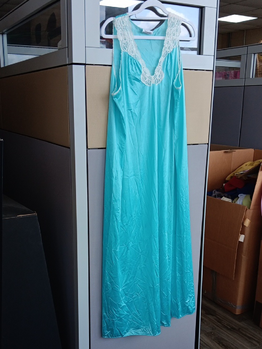 Vanity Fair Turquoise Satin Nightgown with Cream Lace Trim. Vintage, Size L, USA